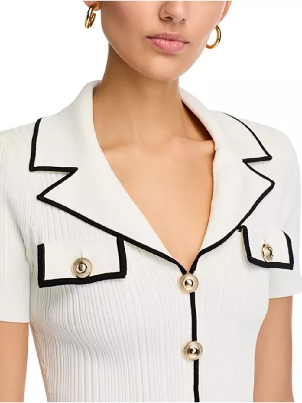 Self-Portrait White Mini Dress with Black Piping and Gold Buttons - Picture 6 of 7